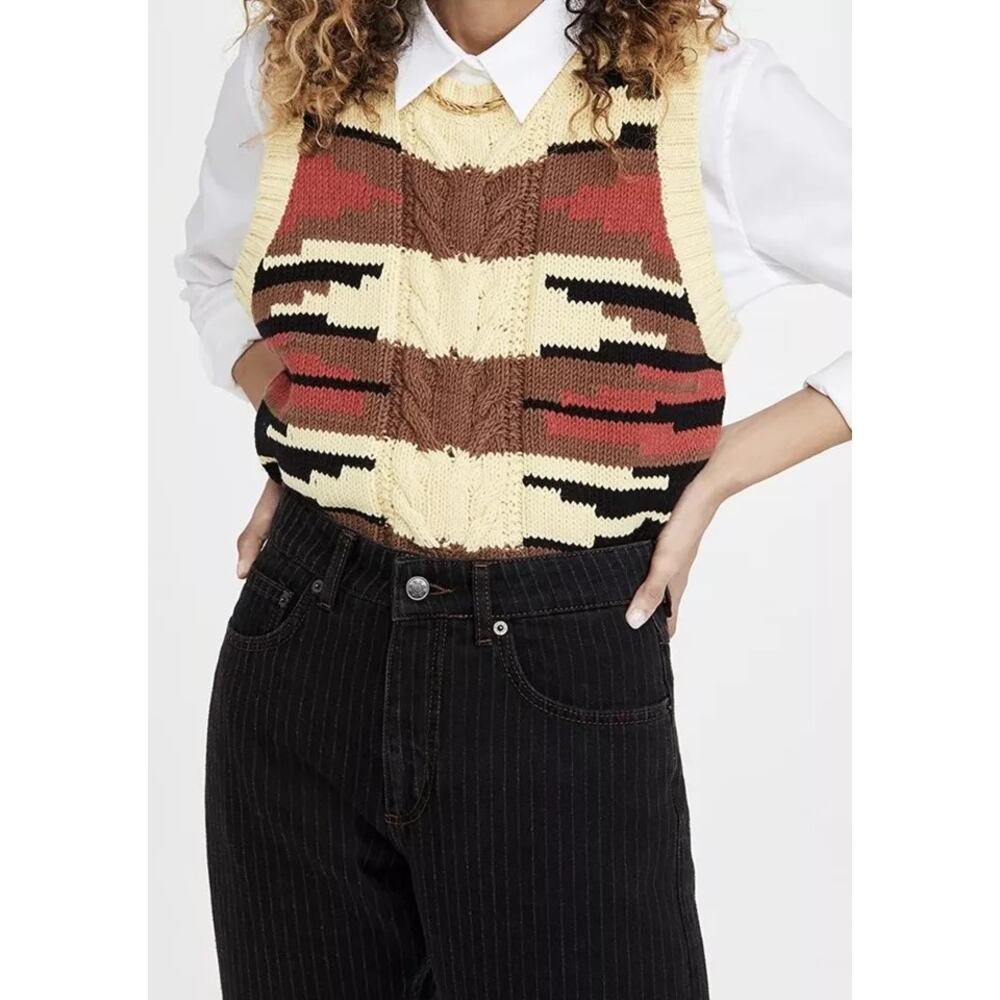 Munthe Saddle Knit Sweater Vest Womens Top 34 XS Yellow Red Preppy Office Siren